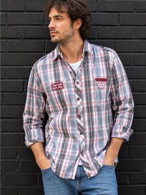 Quest Plaid Button Up Shirt Large Union Jack Patch Long Sleeve Casual